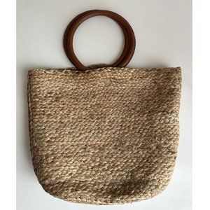 J. Jill Jute Straw Tote Large Beach Bag Purse Ring Leather